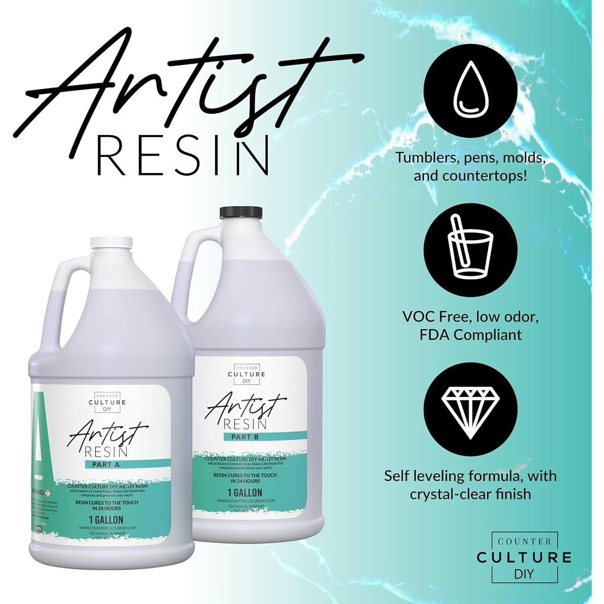 Counter Culture DIY Clear Artist Resin 32oz Kit, Art Epoxy Product for Metal Stain, 100% Acrylic, Solid Color, Easy Coat, No VOCs, Scratch Resistant, UV Heat Resistant up to 500 Degrees