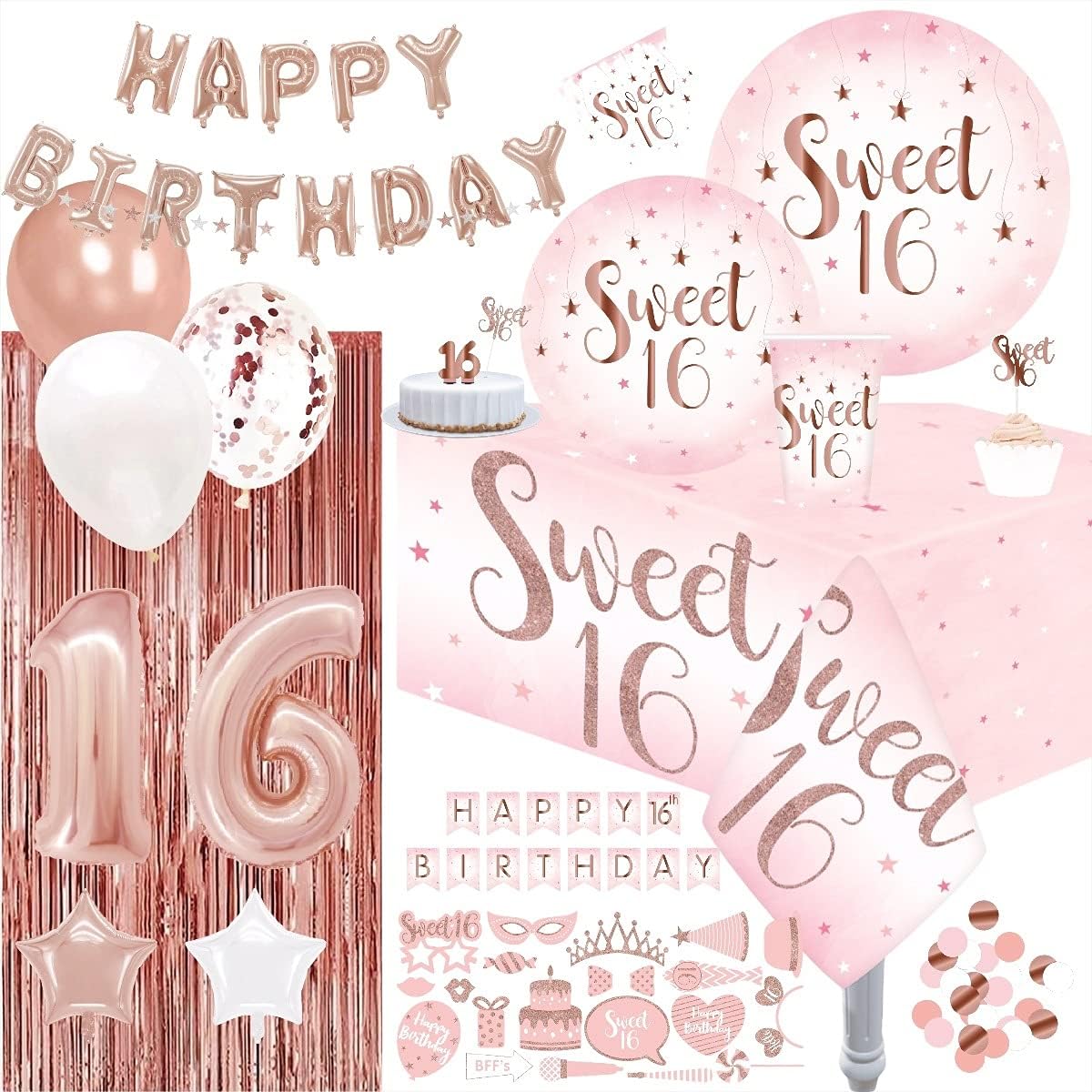 | Rose Gold Foil Theme | 9" Dinner Paper Plates | 7" Dessert Paper Plates | 12oz Cups | 60 Napkins | Balloons | Banners | Fringe Curtains | Candles | Confetti | Cupcake Toppers | Cake Toppers | Perfect for Sweet 16 Birthday Party Celebration Decorations