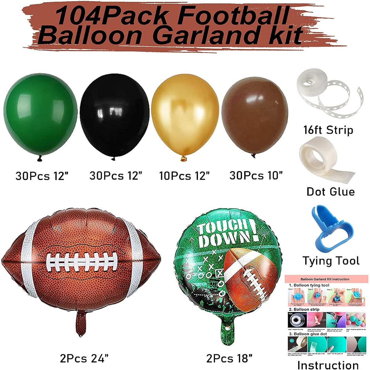 Football Party Balloon Garland Kit, 104pcs Black, Gold, Green, Brown Balloons, Arch Football Shaped Foil Balloons for Football Theme Party, Super Sunday Titch Down Party Decorations