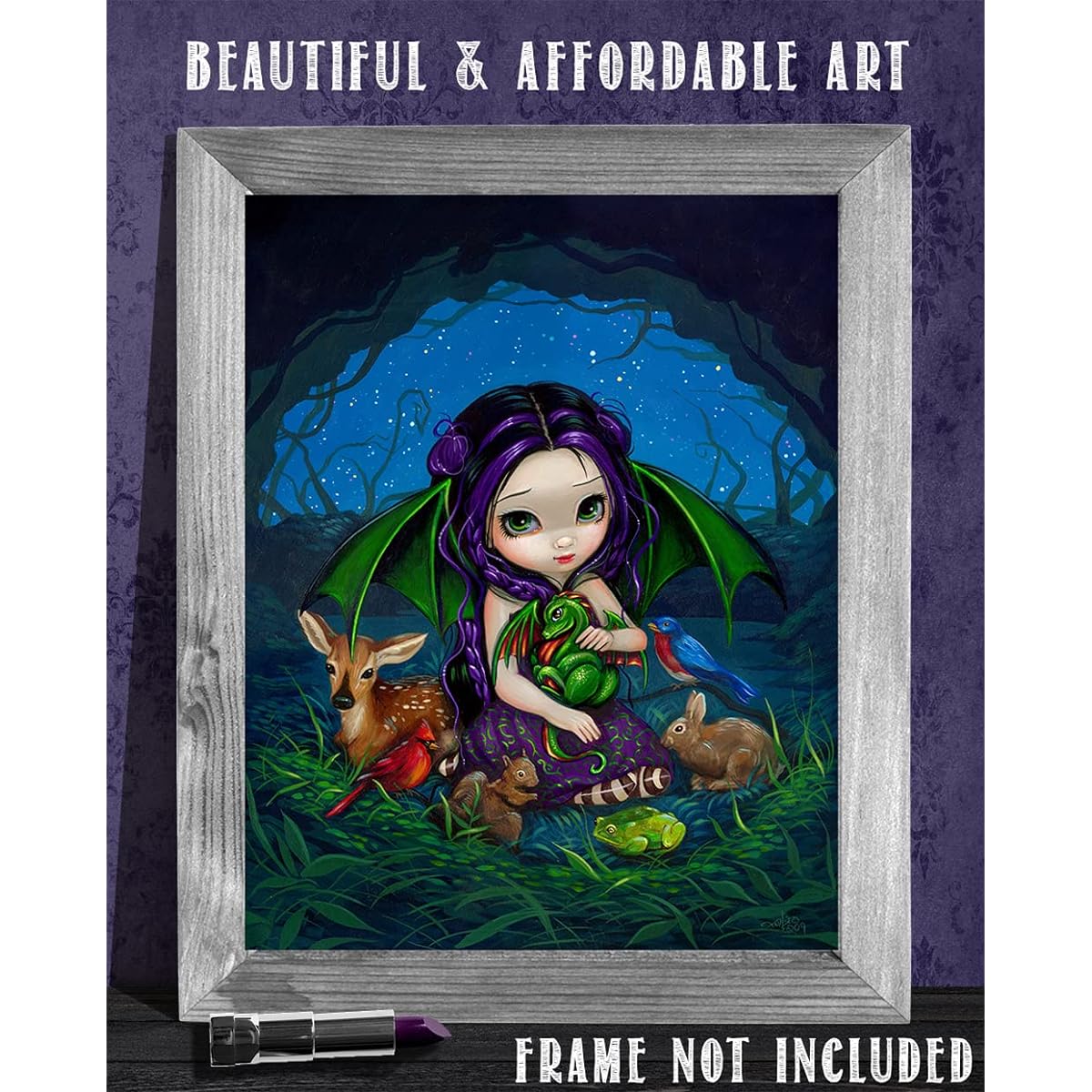 Strangeling Dragonling Garden With Other Animal - Gothic 11 x 14 Unframed Boho Magical Art Print Poster - Great for Fairycore, Fantasy, Magic, Goth Decor Makes a Great Gift for Gamers Under $15