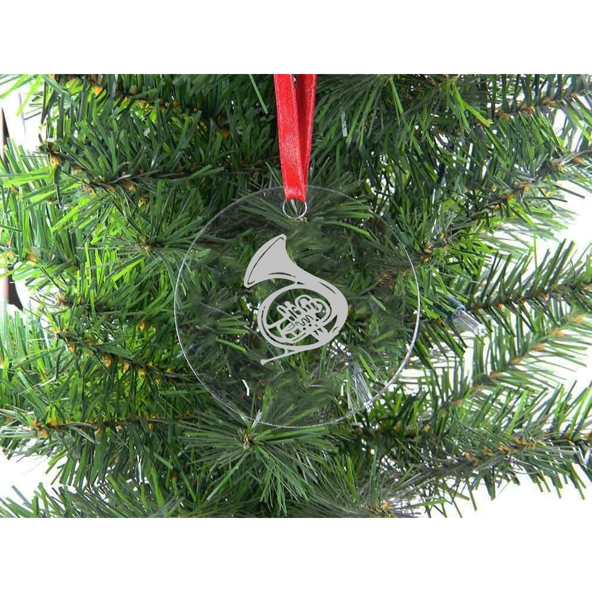 Personalized Custom French Horn Clear Acrylic Hanging Christmas Tree Ornament with Red Ribbon