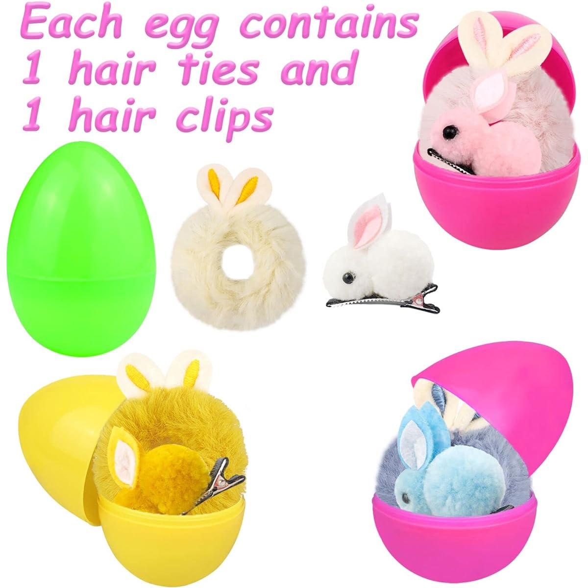 Easter Eggs Easter Basket Stuffers for Toddlers Girls 4 Pack Eggs with Cute Bunny Hair Clips and Hair Ties Colorful Plastic Pre-filled Easter Eggs with Toys for Kids Easter Gifts