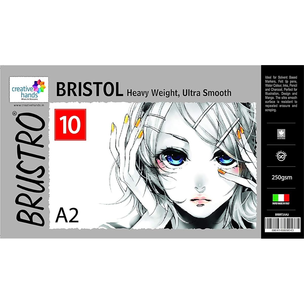 BRUSTRO Bristol Ultra Smooth Paper 250 gsm, Size - 10 Sheets A2 Size White
