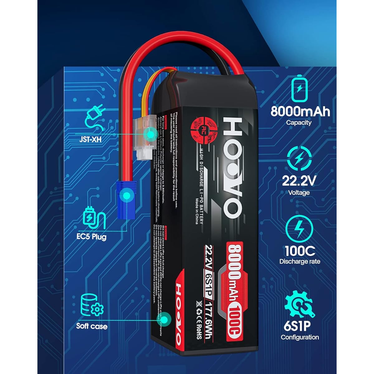 HOOVO 6S 22.2V LiPo Battery 8000mAh 100C RC Lipo Battery Metal Plate with EC5 Plug for Traxxas UDR RC Car Boat Buggy Truck Tank Racing Hobby (2 Pack)