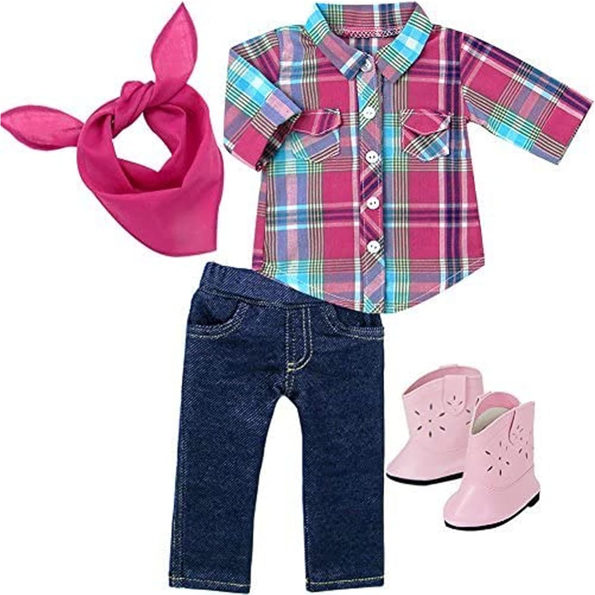 Sophia's 4-Piece Set - Checkered Button-Up Blouse, Denim Jeggings with Pockets, Pink Bandana, and Pink Cowgirl Boots - Multicolor - for 18" Dolls