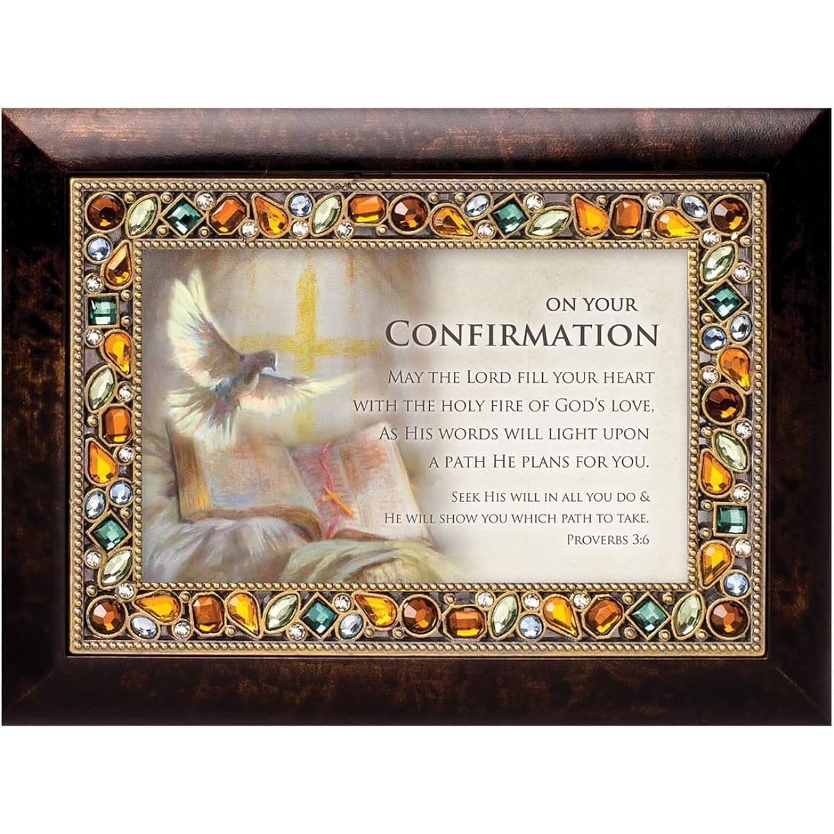 Make Sure Your Day in Burlwood Finish Jeweled Lid Jewelry Music Box Plays Tune How Great Thou Art