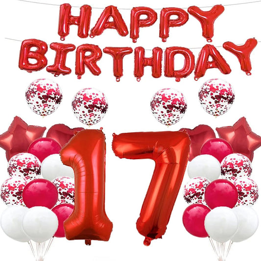 17th Birthday Balloons 17th Birthday Decorations Red 17 Balloons 17th Birthday Party Supplies Number 17 Foil Mylar Balloon Latex Balloon Gift for Girls Boys Women Men