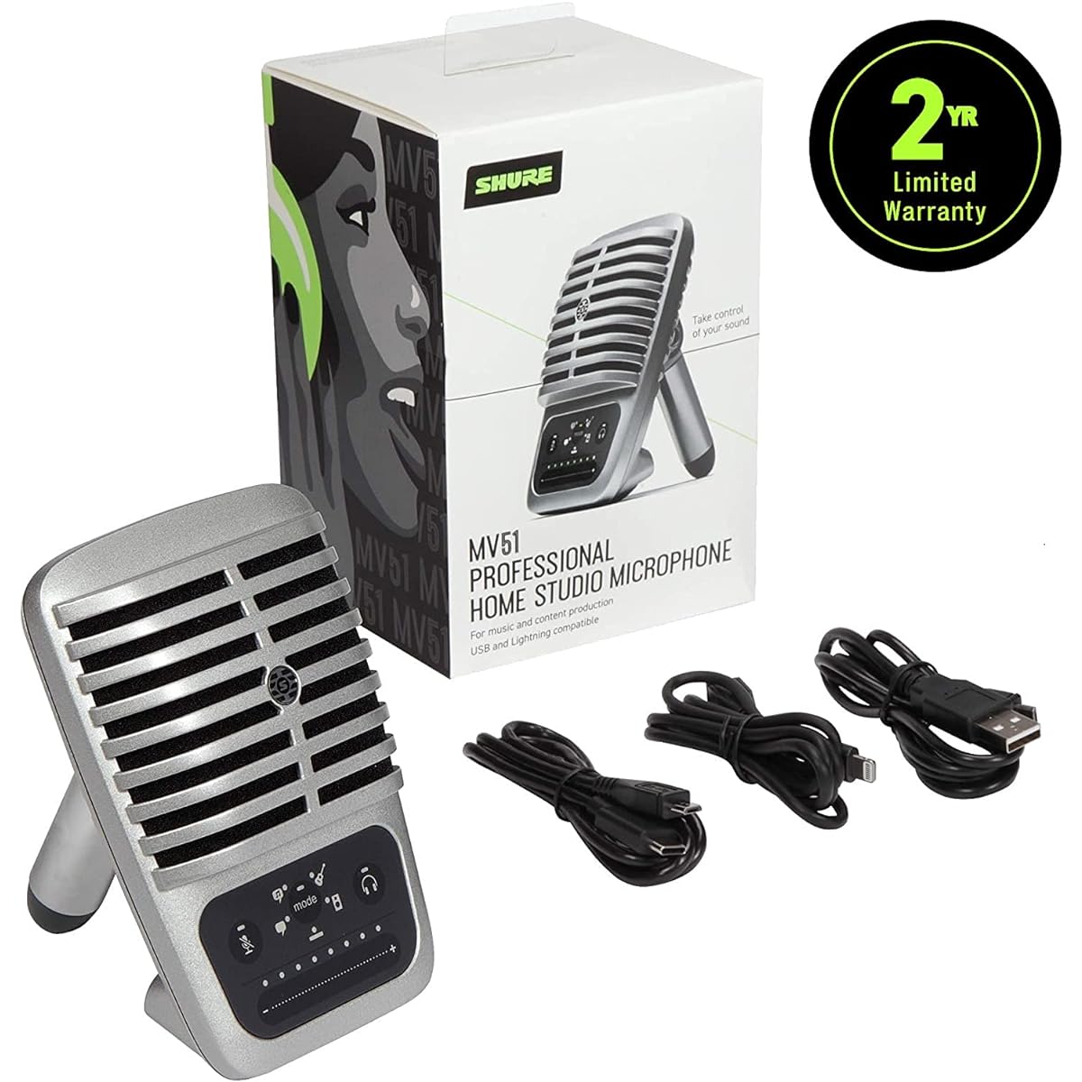 Shure MV51 Digital Large Diaphragm Condenser Microphone with USB, Lightning, and USB-C Cables - 5 DSP Preset Modes (Voice, Singing, Flat, Acoustic Instruments, Loud)