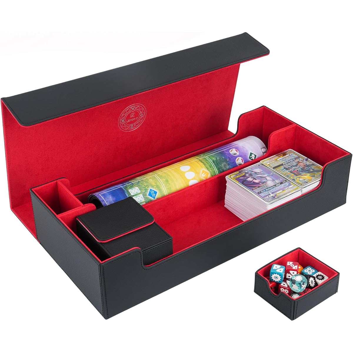 LEFOR Z Card Deck Box XL Premium Card Game Deck Storage Box Compatible with 5 Deck Card Box Card Deck Case Compatible with MTG/TCG/Yu-Gi-Oh/Magic/Commander (Black & Red)