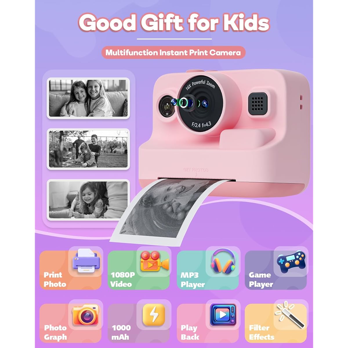 Dylanto Instant Print Camera for Kids (Pink)