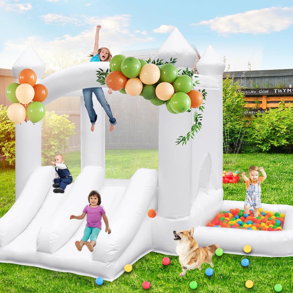 CZGBRO Inflatable White Bounce House Outdoor Indoor Bouncy Castle Kids Party Wedding Family Large Jumping Castle Double Slide Ball Pit Water Pool Decorative 100 Pieces Balloon Gift