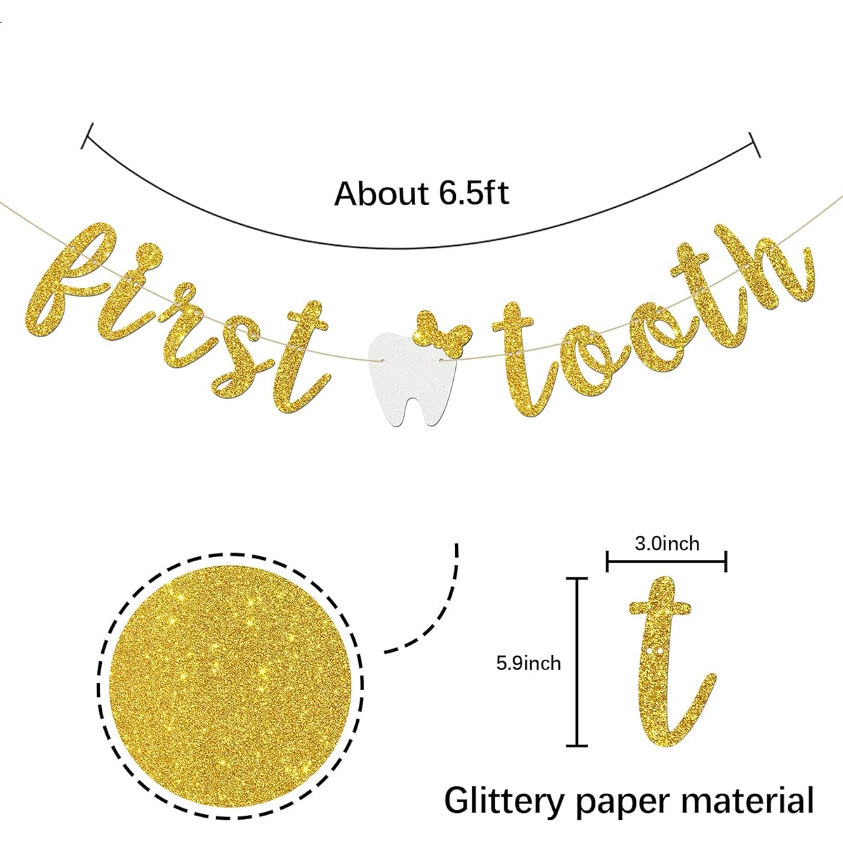 INNORU First Tooth Banner Baby Shower Milk Tooth Party Decorations Baby Shower First Tooth Party Decorations Gold Glitter