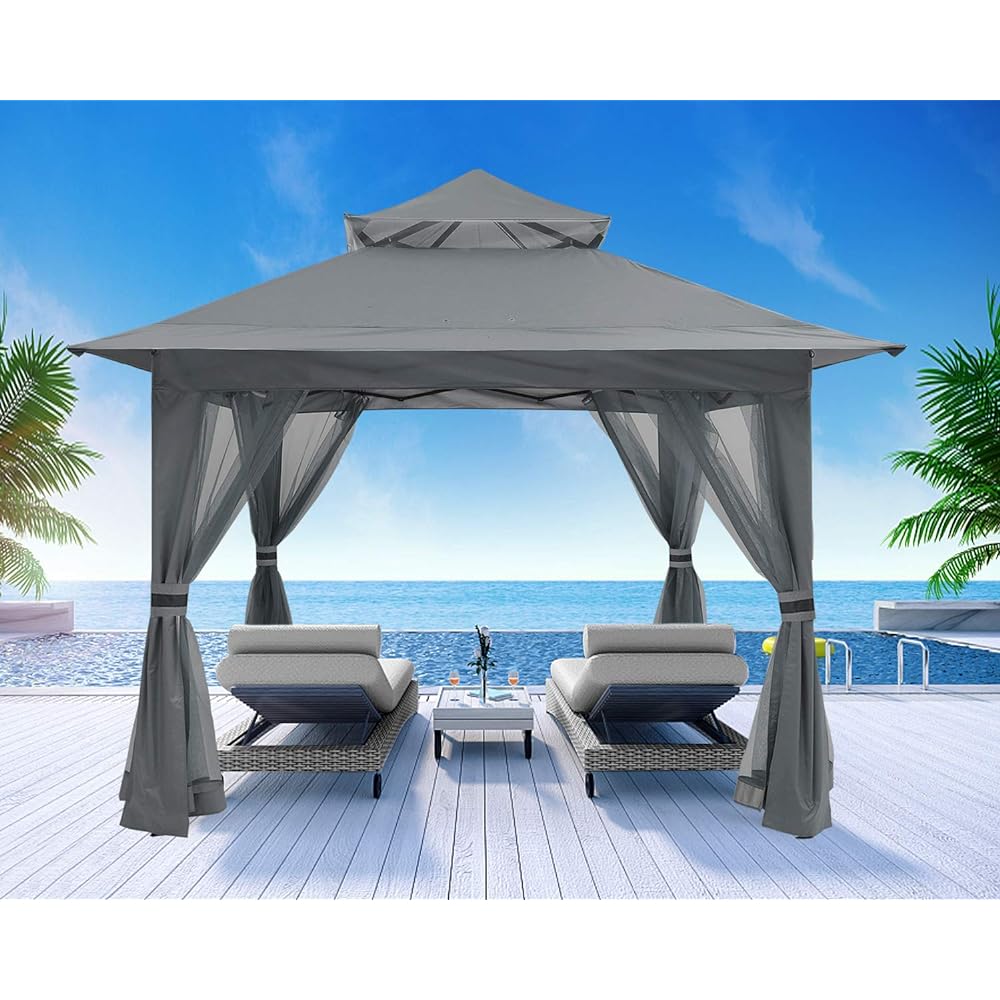 ABCCANOPY One Touch Tarp Tent 3mx3m with Center Lock, 4 Side Sheets, Mesh Screen, Mosquito Net Tent, Insect Repellent, Bug Guard, Large Easy Tent (Gray)