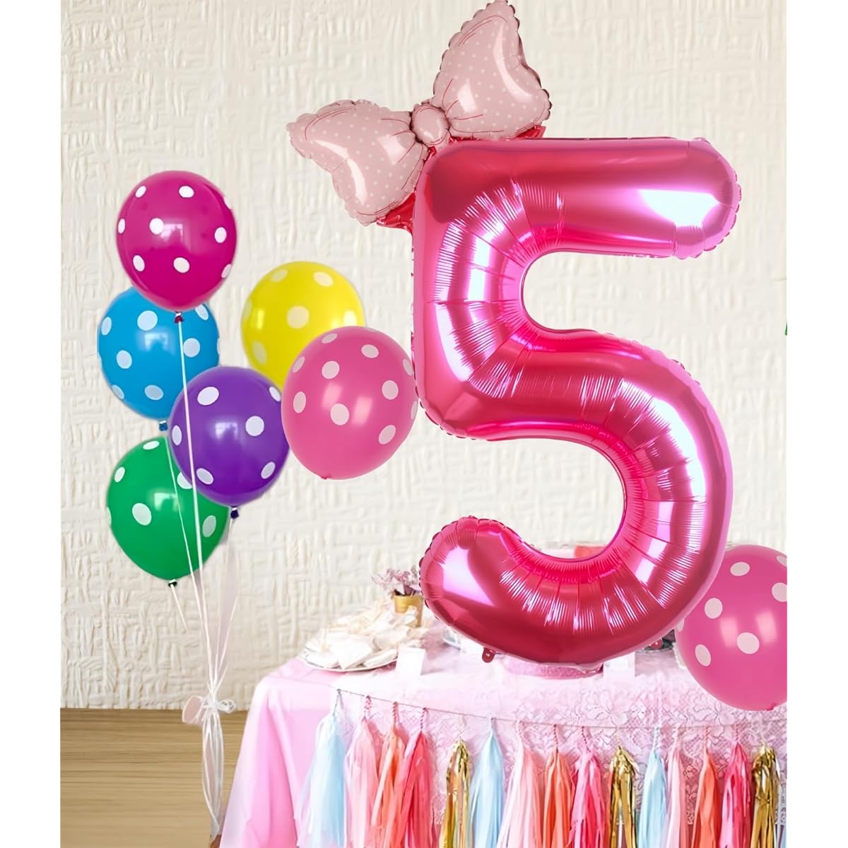 Kwuz 40 Inch Pink Number 5 Balloons with Mini Ribbon for Girls 5th Birthday Decorations Pink Cat Princess Doll Theme Birthday Party Balloon Decoration Supplies