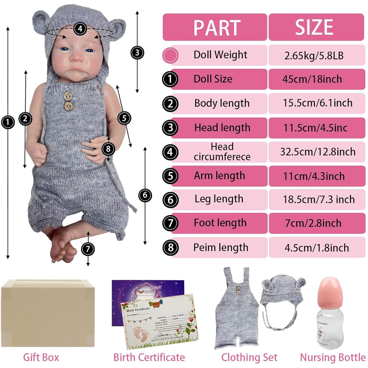 OtardDolls Reborn Baby Doll 18 Inch Realistic Newborn Baby Doll Lifelike Newborn Handmade Full Silicone Baby Doll with Toy Accessories Gift Set for Ages 3+