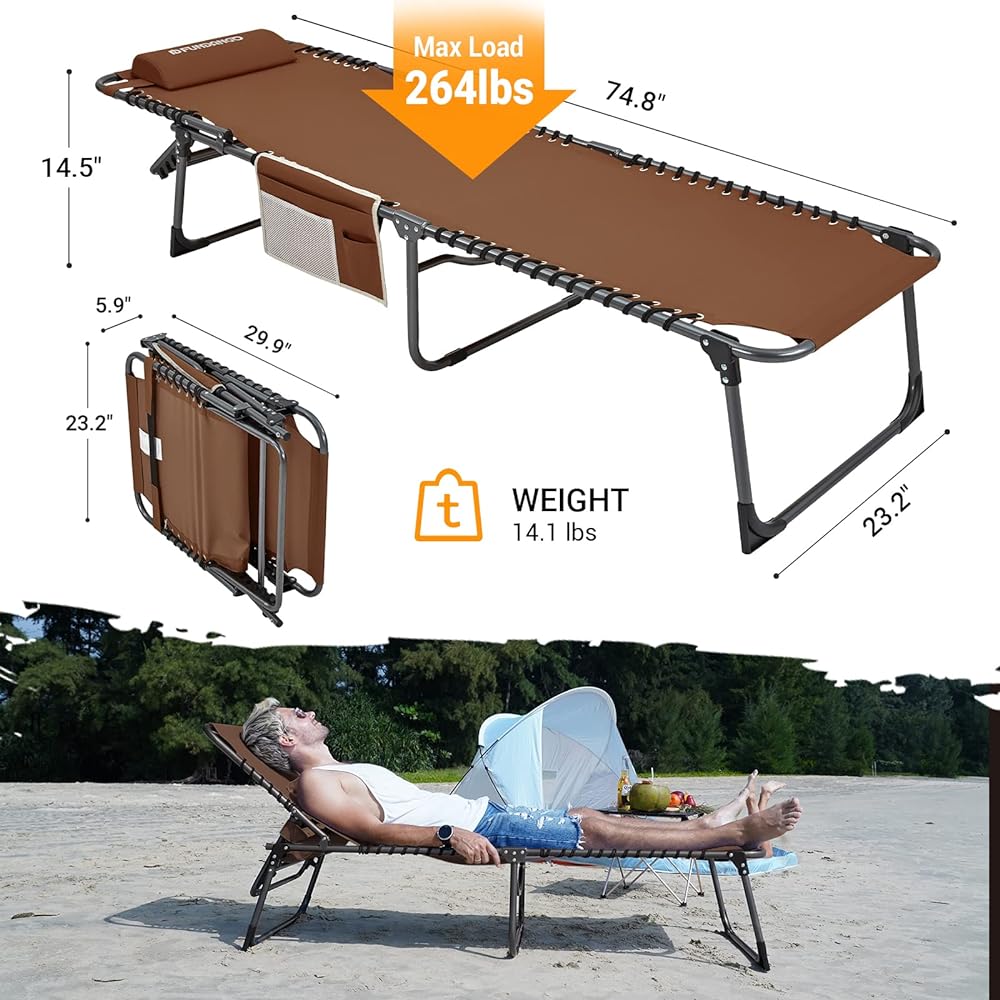 FUNDANGO Outdoor Chaise Lounge Chair 5 Adjustable Folding Chaise Lounge for Lawn/Patio/Beach/Sunbathing/Deck Portable Heavy Duty Camping Recliner with Pillow Khaki