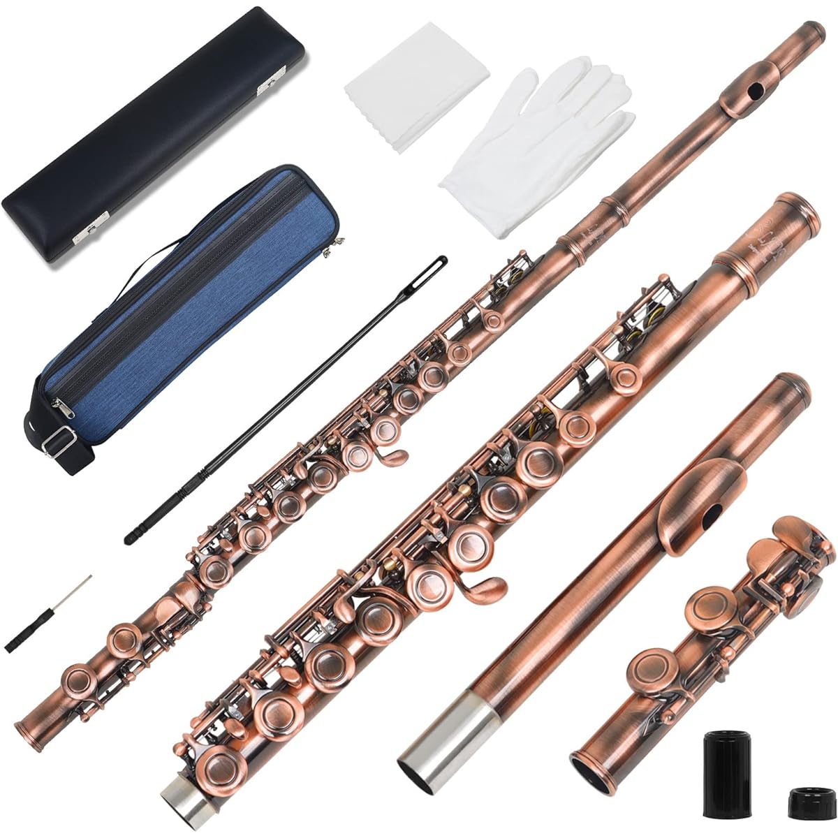 BUZHI C-key 16 Hole Flute Set, Closed Hole C Flute with Case Cleaning Rod Wiping Cloth and Gloves for Beginners and Music Lovers