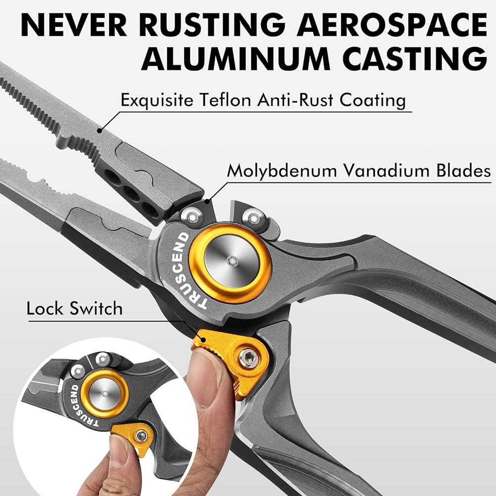 TRUSCEND Denmori [Made of aviation aluminum, with lock] Fishing pliers with safety rope, fishing pliers, PTFE coated, rust-proof, corrosion-resistant, wear-resistant, multi-functional, saltwater, hook remover, needle remover, line cutter, stainless steel