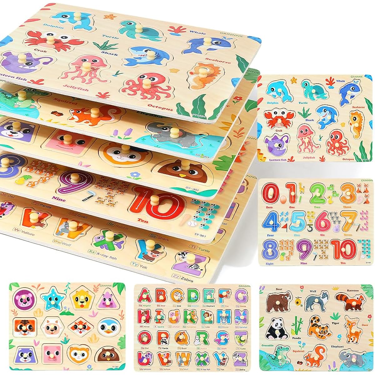 GRINNNIE Wooden Toddler Puzzle 5 Pieces
