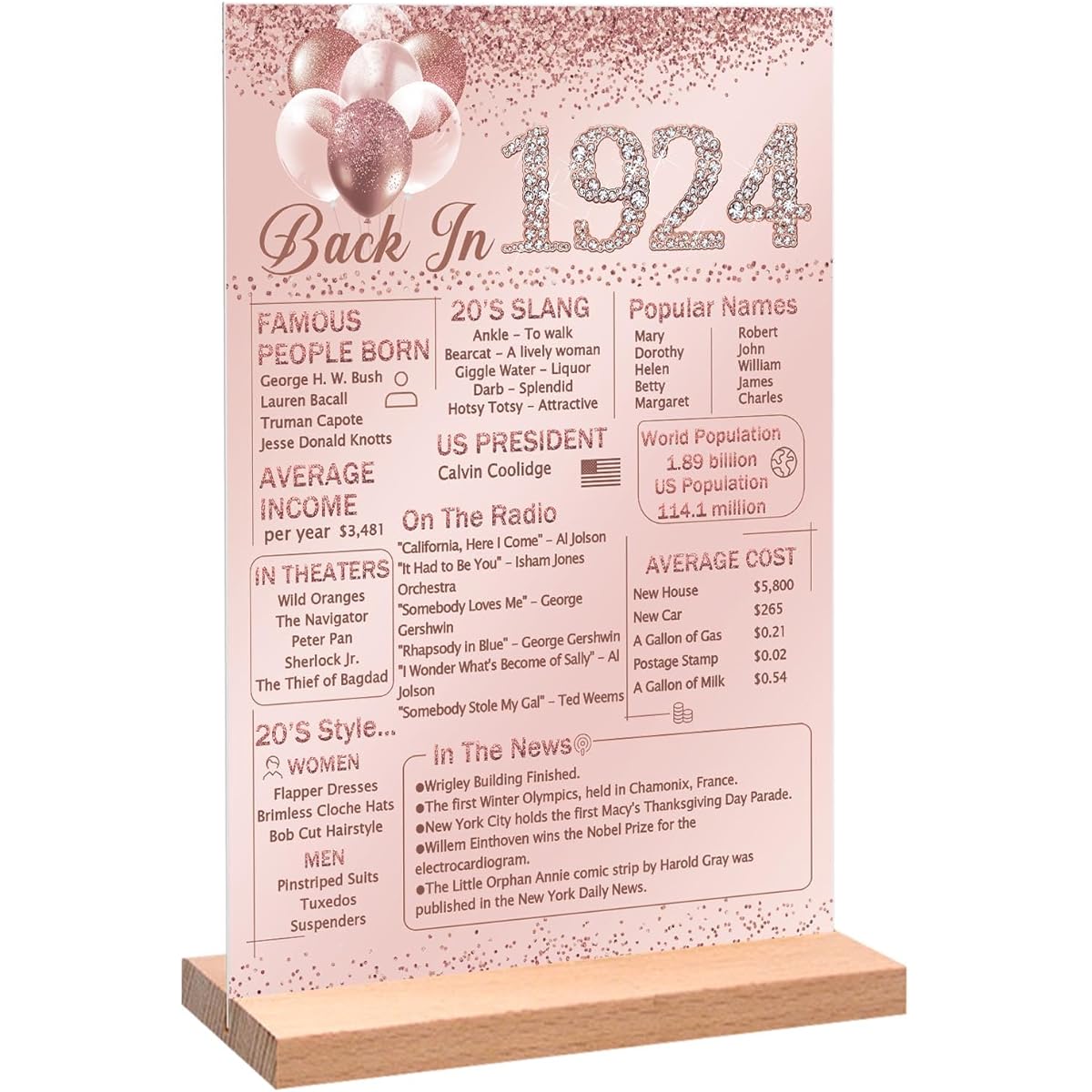 Vlipoeasn Pink 99th Birthday Anniversary Table Decorations 1924 Poster for Women Large 11 x 7.8 inches Rose Gold 1924 Acrylic Table Sign with Wooden Stand 99th Birthday Party Centerpiece Gift Supplies