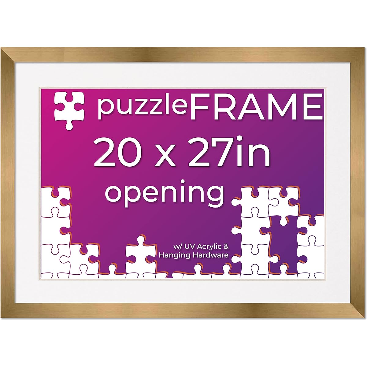 Poster Palooza Frame for 20x27 Jigsaw Puzzle - Wood Gold Bronze Puzzle Frame with Mat (White) Made to Display 20x27 Inch Puzzles, Includes UV Acrylic and Hanging Hardware