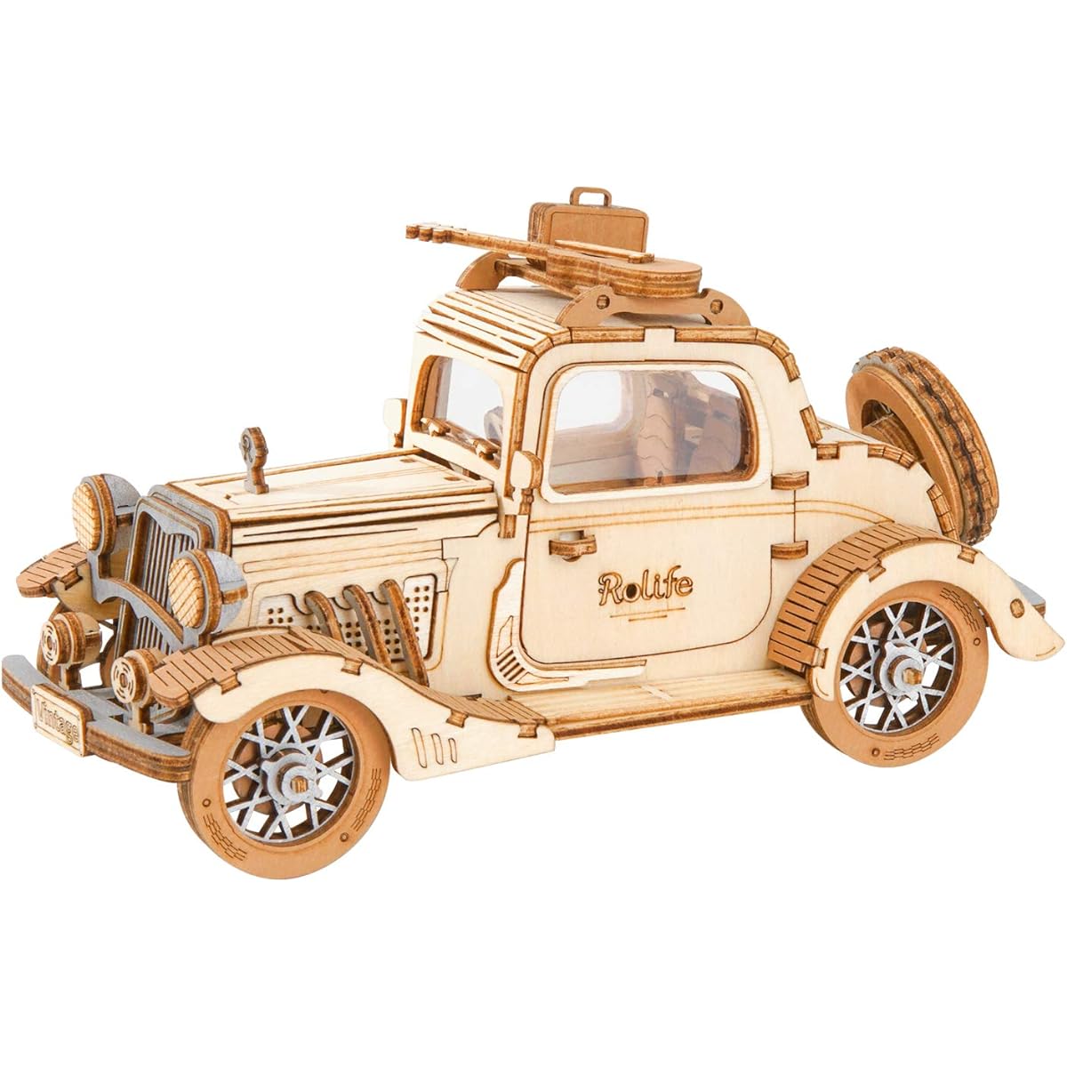 Rolife 3D Wooden Puzzle Retro Model Car Kit – 164 Pieces Collectible Desk Display Gift for Boys/Girls (Vintage Cars)