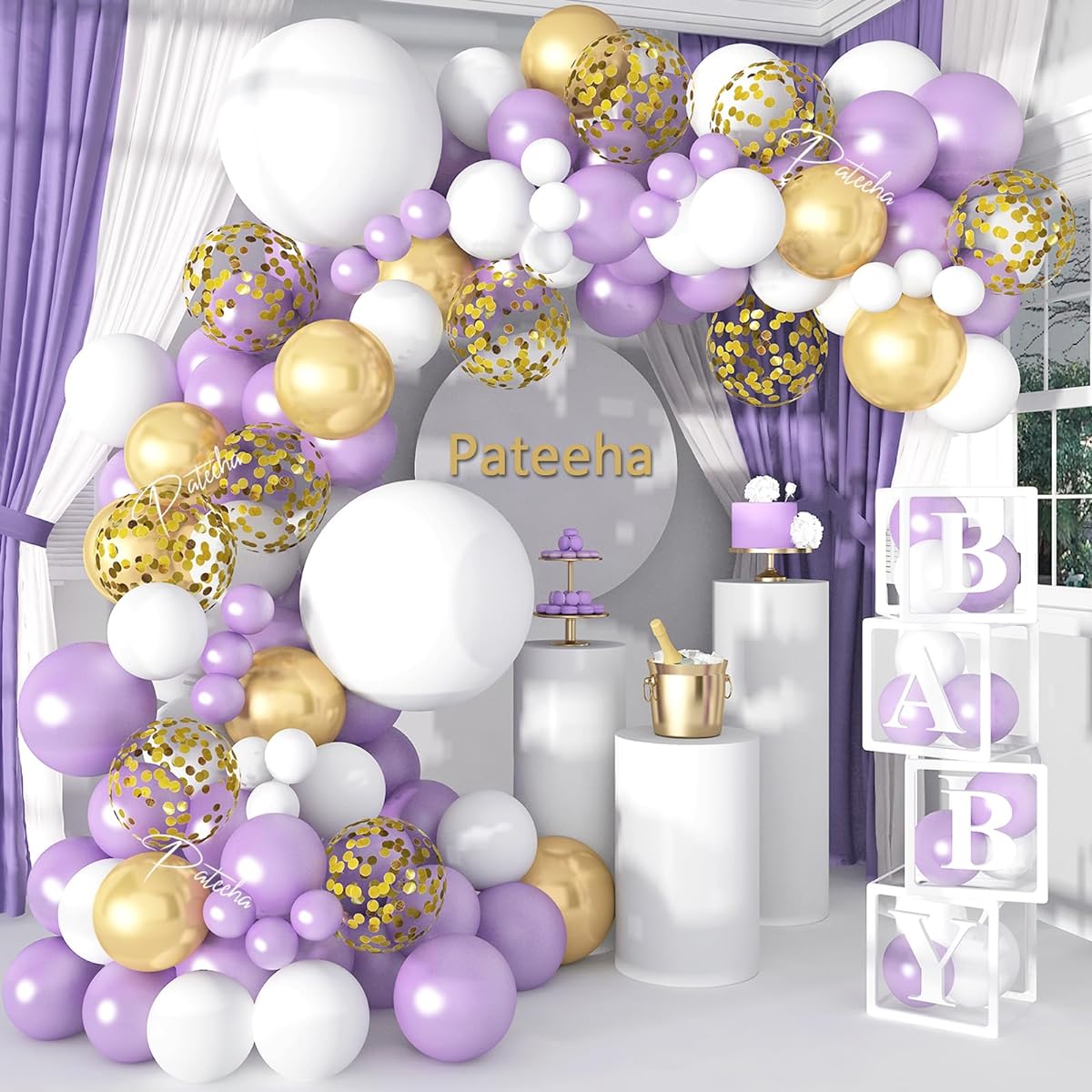 Pateeha Purple Balloon Garland Arch Kit, 130pcs Pearl Purple Party Decorations White Lavender Gold Confetti Balloon Arch for Birthday Wedding Baby Shower Decorations