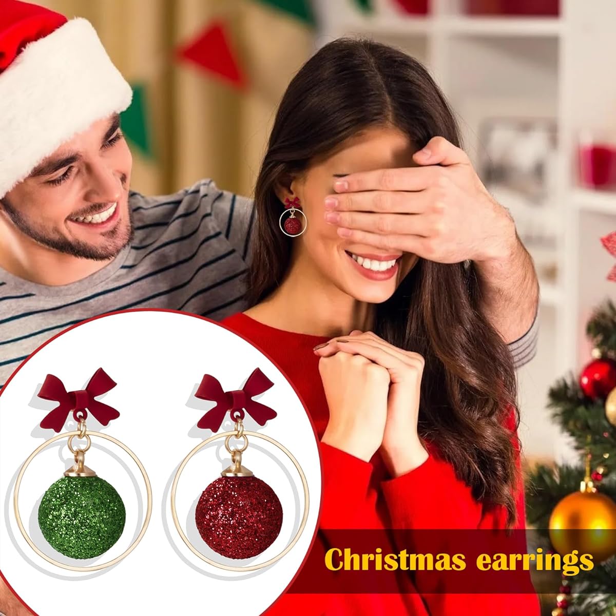Christmas Ribbon Earrings for Women, Christmas Red Ball Earrings, Christmas Earrings, Cubic Zirconia Ribbon Earrings, Christmas Gifts for Girls