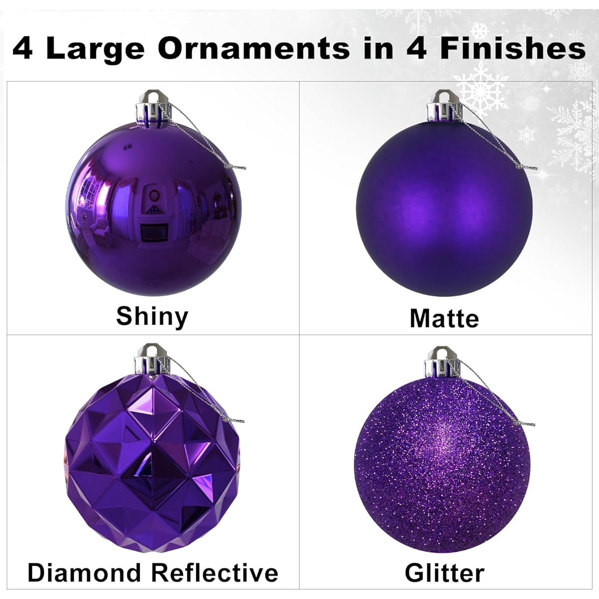 Purple 4" Large Christmas Balls - Christmas Tree Decoration Ornaments Shatterproof Hanging Balls for St. Patrick's Day, Easter, Valentine Decorations, Set of 4