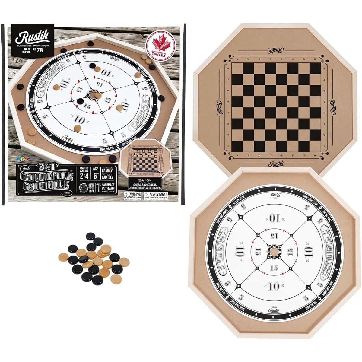Rustik Crokinole Deluxe, Double Sided with Checkers Game on Back of Board. 70cm X 70cm Wide.