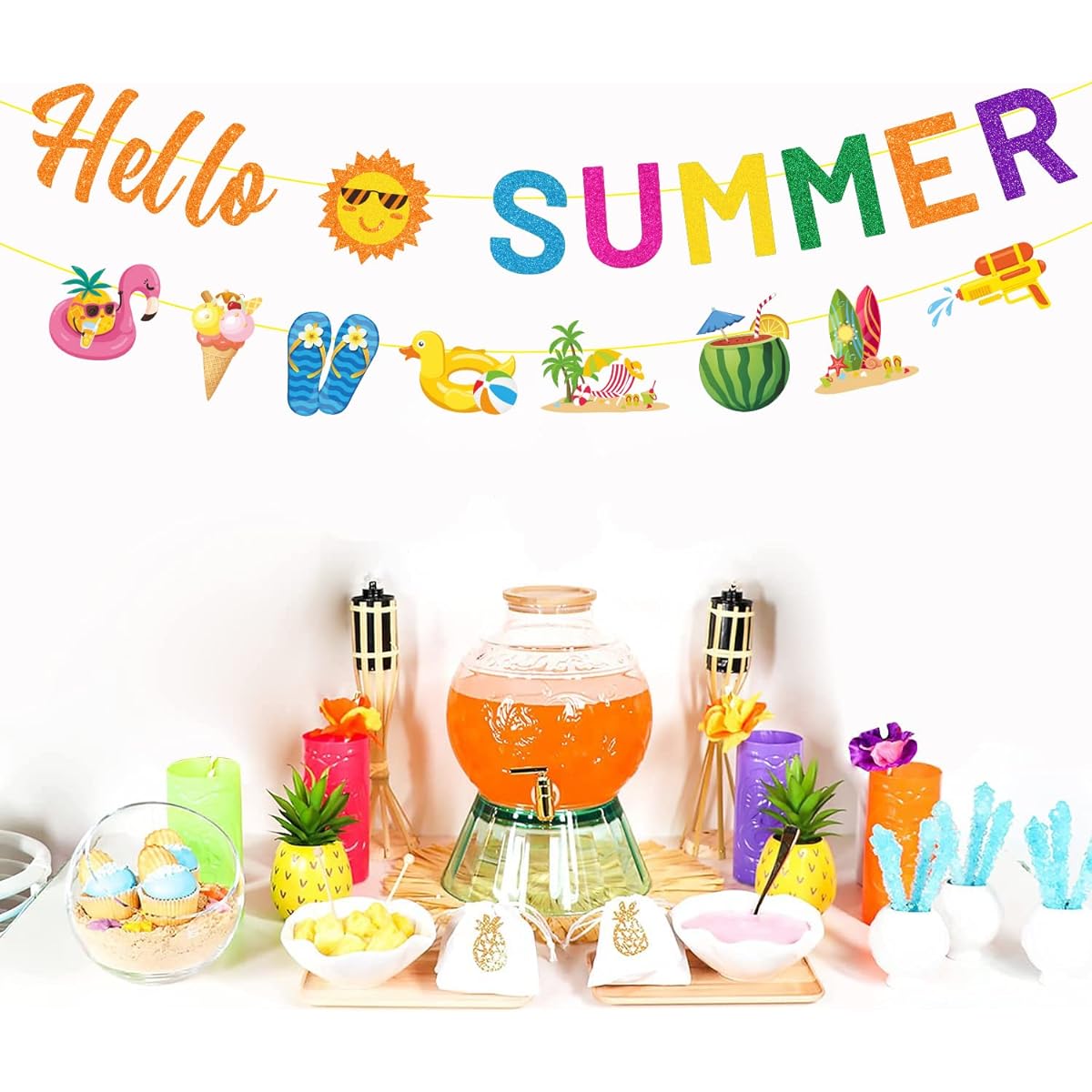 Summer Party Decorations - Glitter Hello Summer Banner Decorations Pool Party Decorations Summer Holiday Birthday Banner Summer Beach Party Supplies Summer Beach Decor for Home Office Kids School Classroom