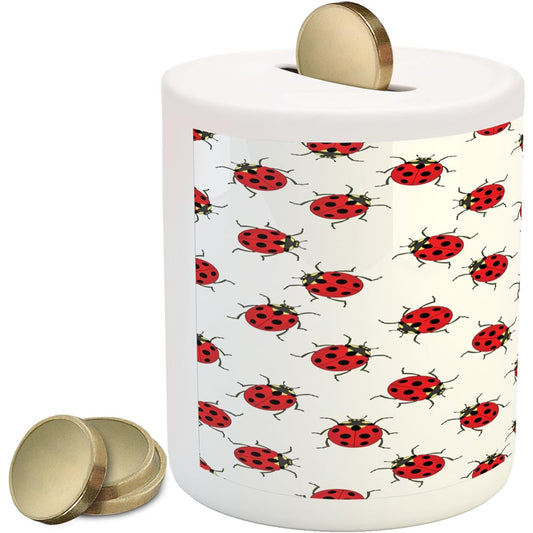 Ambesonne Ladybug Money Box, Ladybug Pattern, Bunch of Bugs, Infinity Spots, Insect Themed Playroom Ceramic Coin Bank for Cash Saving, 3.6" x 3.2", Red White