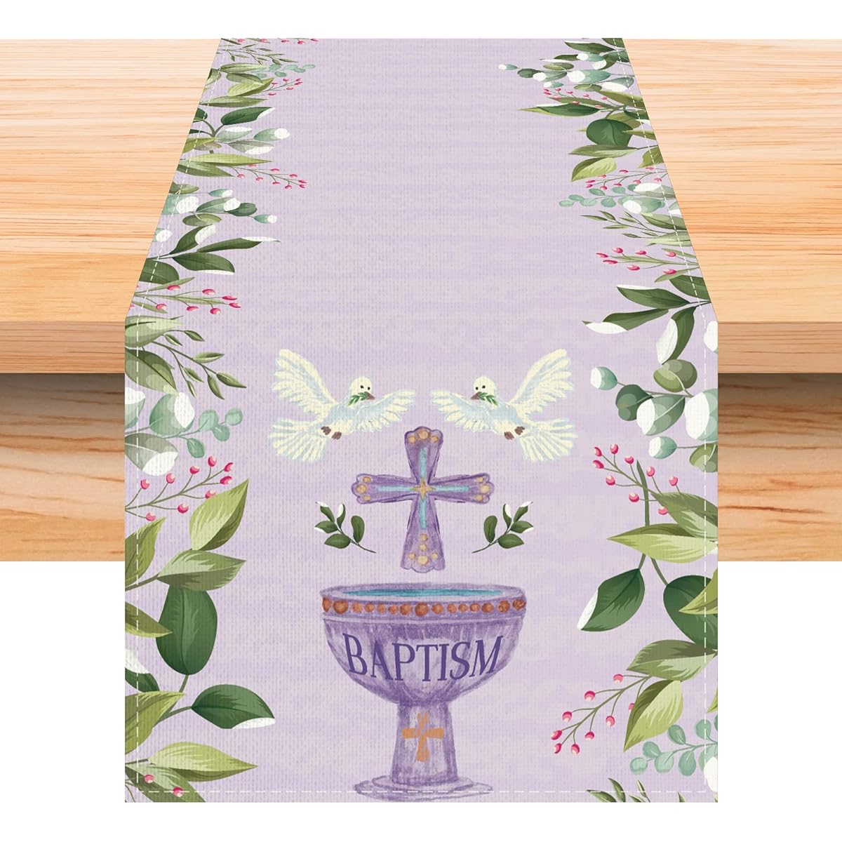 Jiudungs Linen Purple Baptism Table Runner 72" Long First Communion Tablecloth for Baptism, First Communion, Confirmation Table Decorations for Boys and Girls