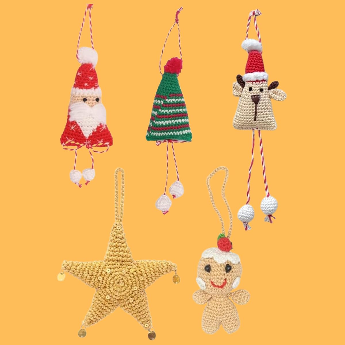 REVAIS Hanging Christmas Crochet Decorative Ornaments, Set of 5, Handmade Christmas Tree Decorations, Crochet Knit Toys, Holiday Decor Patterns, Christmas Decorations