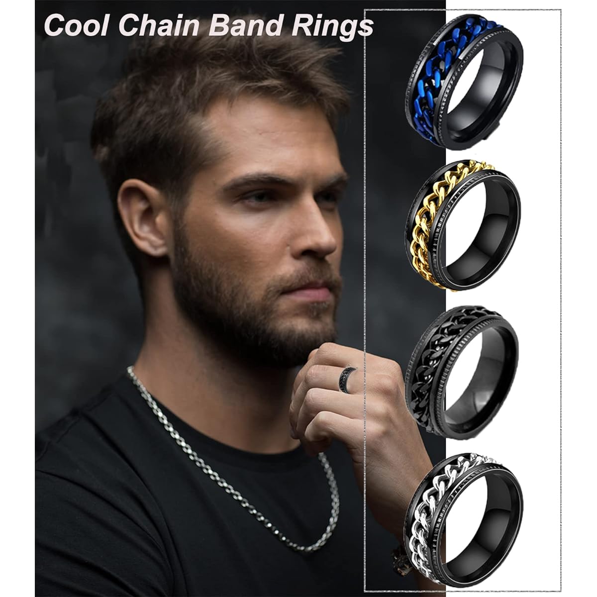 [SONNYX] 10Pcs 8mm Stainless Steel Spinner Rings for Men Women Chain Ring Biker Groove Edge, Spinner Rings with Chain Fidget Rings for Anxiety Size 7-11