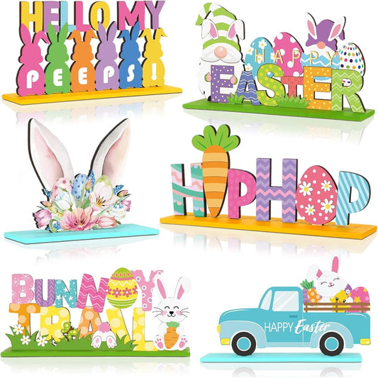 Anglechic Easter Bunny Tabletop Decor, Easter Table Decor, Easter Tiered Tray Decoration Set, Happy Easter Egg Truck, Wooden Sign, Easter Gnome, Rustic Table Centerpiece for Home Spring Party