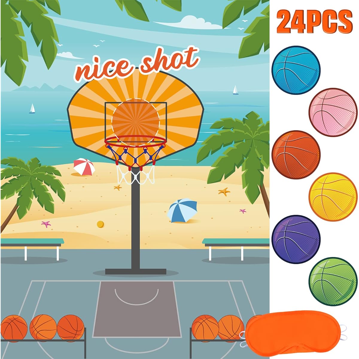 Basketball Hoop Pin Badge Party Game - 21" x 28" Poster with 24 Reusable Ball Stickers for Kids Birthday Party School Activity Classroom Games for Boys/Girls Party Decorations