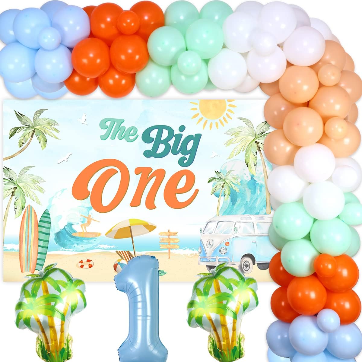 Surf Theme Birthday Party Decorations for Boys Big One Surfer 1st Birthday Decorations Boho Pastel Balloon Garland Big One Backdrop Number 1 Balloon Retro Surf Summer Surfing Birthday