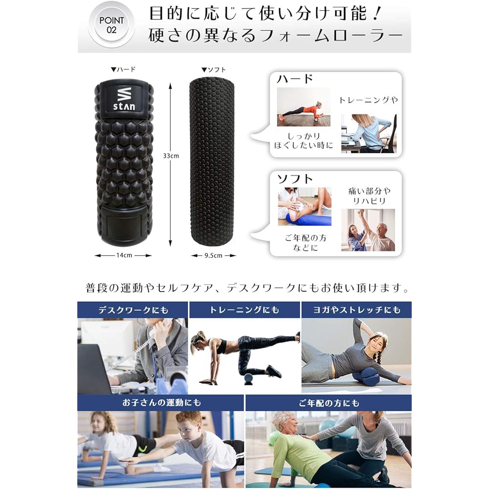 stan Foam Roller Set Myofascial Release Trigger Point Stretch Roller Yoga Pole (Black)