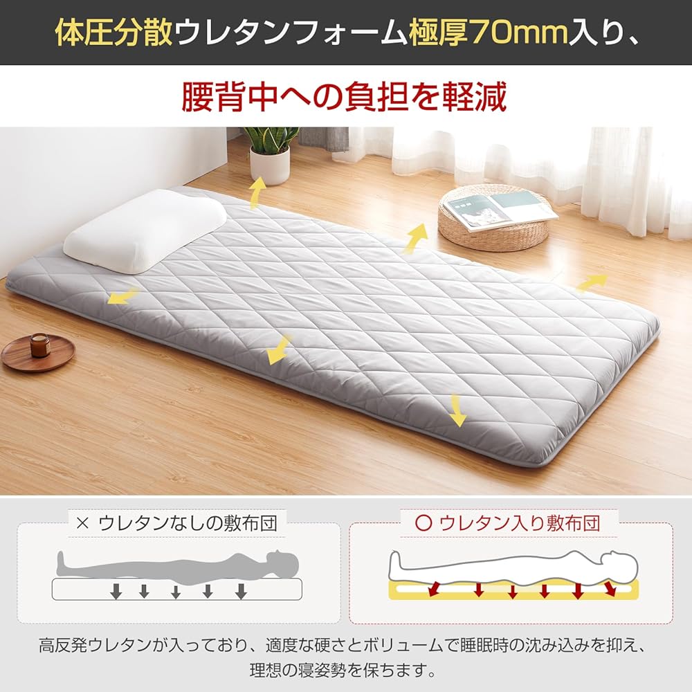 Matdeco Futon, Double Futon, Futon, Thickness: Approximately 9-10cm, Three-layer structure, Highly resilient urethane, Wrapped cotton, Firm support, Moderate comfort, Dust resistant, Lightweight, Washable, Antibacterial, Odor Resistant, Dust Mite Resista