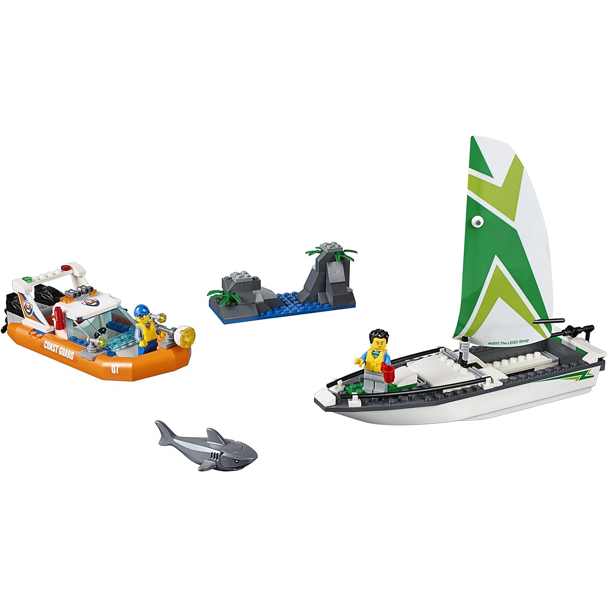 LEGO City 60168 Yacht and Rescue Boat Building Toy with Boat that Really Floats Includes: Coast Guard Rescue Boat, Yacht, Rock Island, 2 Minifigures, 1 Shark Minifigure. 195 Building Blocks. Product: 6174681.