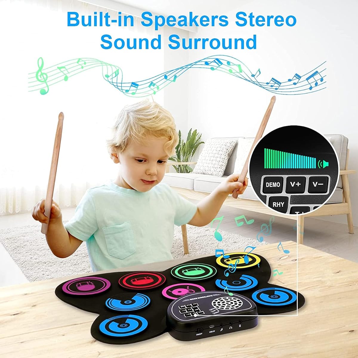 Upgraded Electric Drum Set, 9 Drum Practice Pad, Roll-up Electronic Drum Pad Machine With Headphone Jack Built-in Speaker Drum Sticks Foot Pedals, Great Holiday Xmas Birthday Gift for Kids