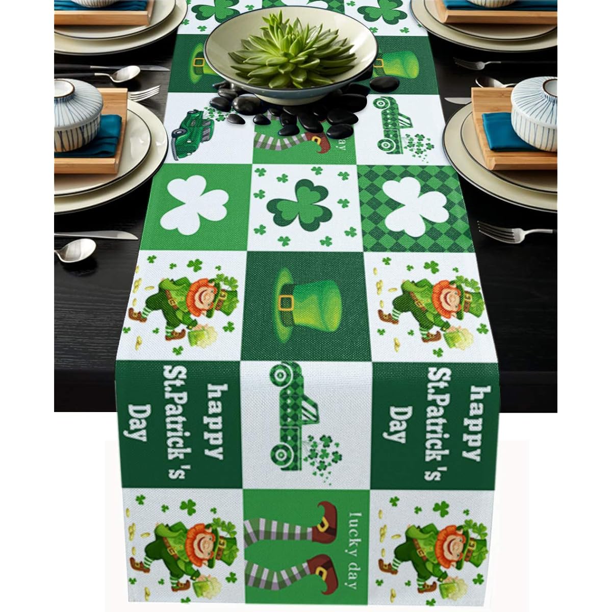 Cotton Linen Table Runner Dresser Scarf St. Patrick's Day Lucky Day Clover Car Crown Non-Slip Burlap Rectangular Table Setting Decoration for Wedding Party Holiday Dinner Home (13 x 70 Inches) Green White