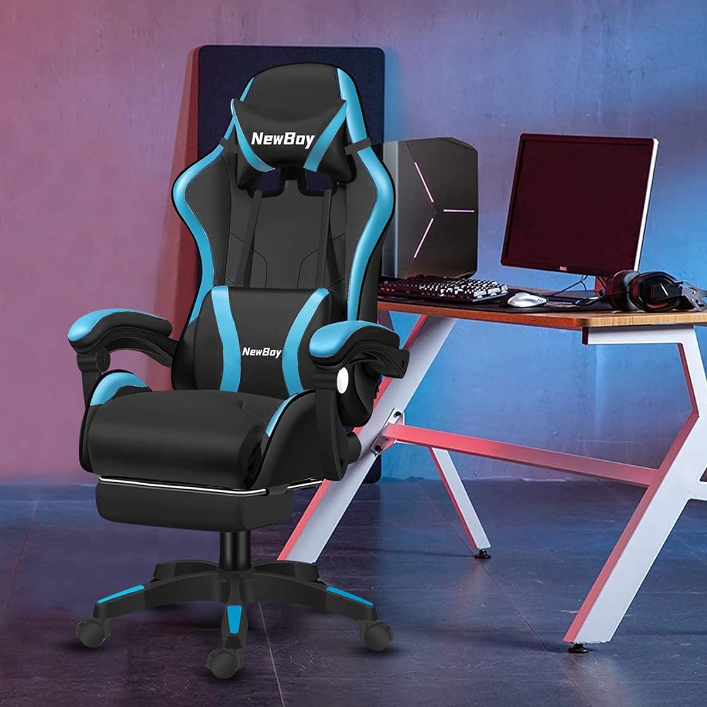 GTBoy Gaming Chair with Ottoman, Most Comfortable Desk Chair, Office Chair, Telework PC Gaming Chair, Computer Chair, Gaming Chair, Reclining, Most Comfortable to Sitting, Ergonomics, Full Features, Height Adjustment Function (Black and Blue, Gaming Chai