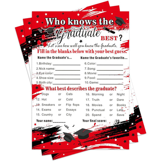 50 Pieces Graduation Party Decorations, 2022 Who Knows The Graduate Best Game Cards Congratulations Graduation Party Decor Party Supplies Favors for High School College (Red, Black)