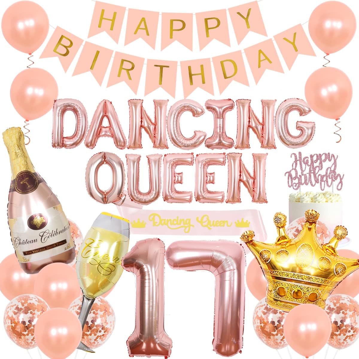 Dancing Queen 17th Birthday Decorations, Rose Gold Dancing Queen Number 17 Balloons, Sash, Happy Birthday Banner, Cake Topper, Crown, Confetti Balloons