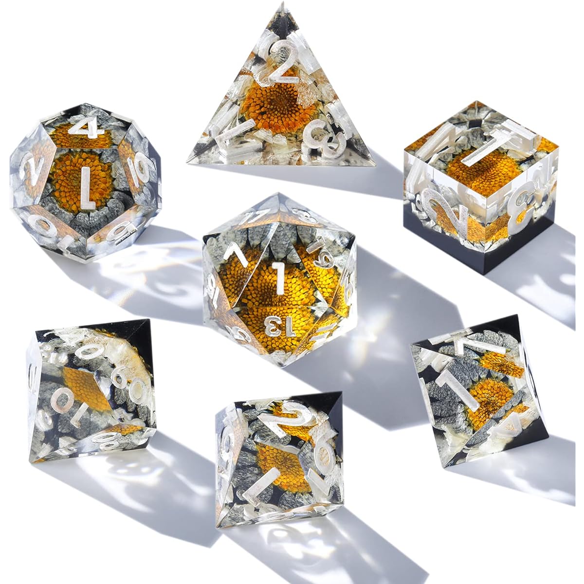 AUSPDICE DND Dice Dungeons & Dragons Dice 7 Pieces Polyhedral Resin D&D Dice Set with Sharp Edges and Beautiful Inclusions for Tabletop RPG Players (Eternal Flower)