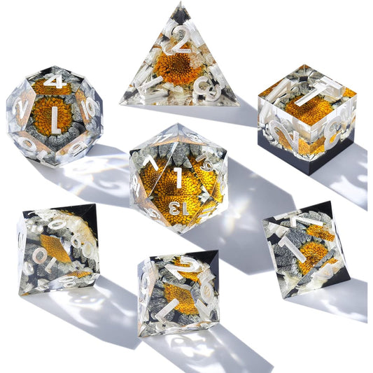 AUSPDICE DND Dice Dungeons & Dragons Dice 7 Pieces Polyhedral Resin D&D Dice Set with Sharp Edges and Beautiful Inclusions for Tabletop RPG Players (Eternal Flower)