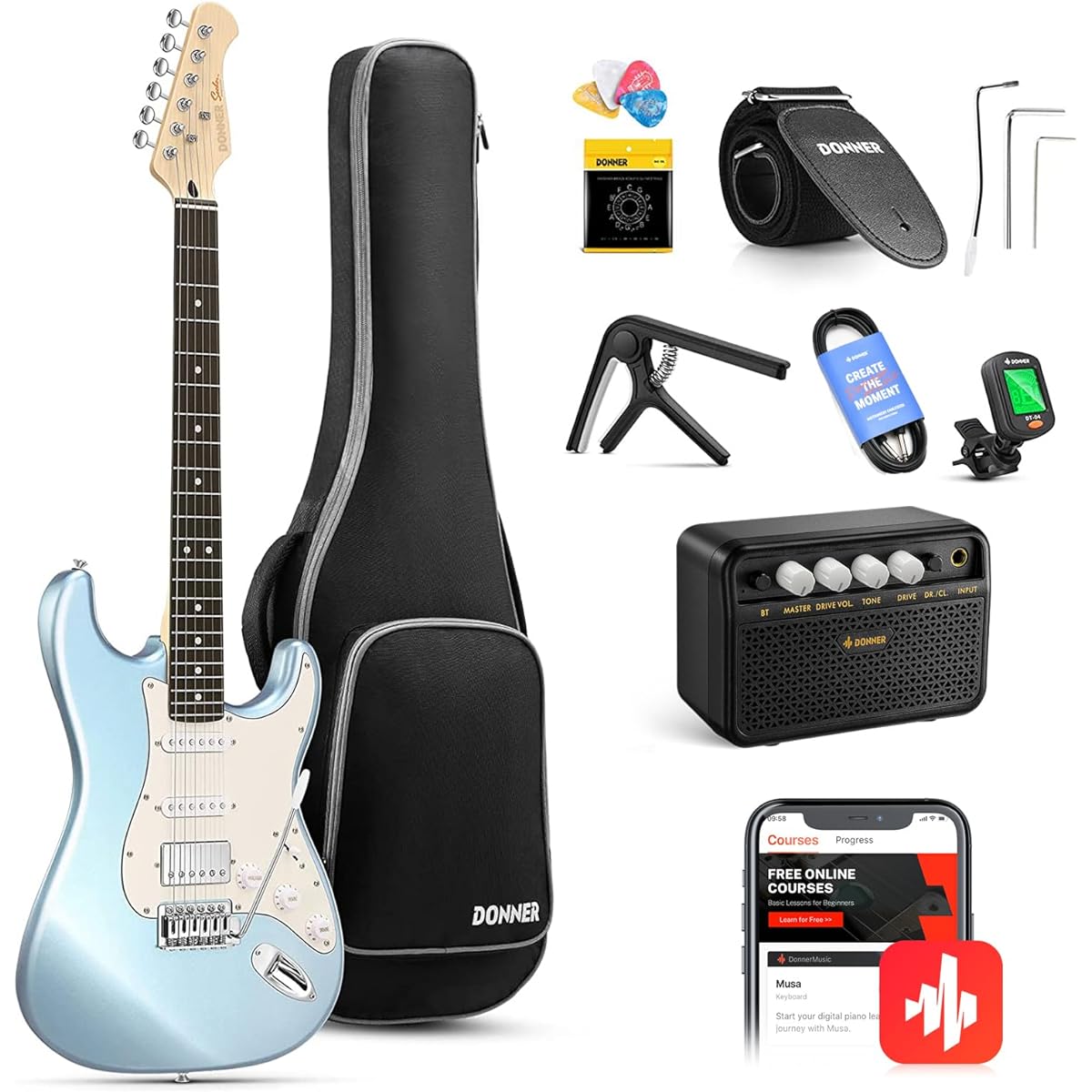 Donner Electric Guitar Beginner Set ST Type Coil Tap 6-Point Tremolo with Mini Amp Case, Strap, and Shield Included Mint Green