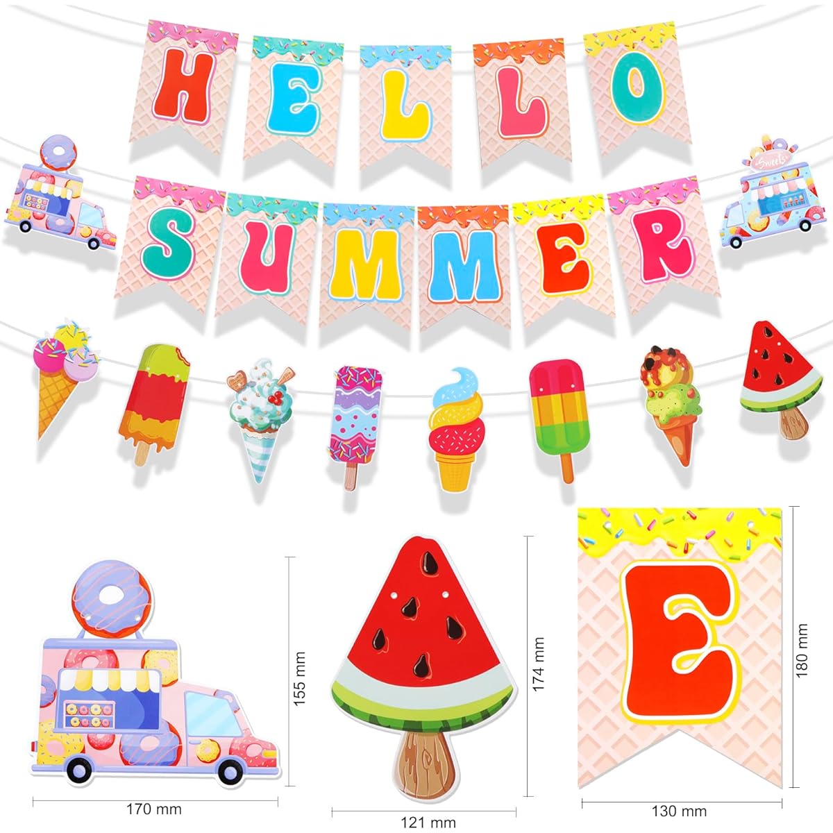 HOWAF Hello Summer Banner Colorful Ice Cream Sign Banner Banner Garland Hanging Paper Kit Hawaiian Tropical Luau Summer Beach Sweet Ice Cream Birthday Party Decoration Supplies